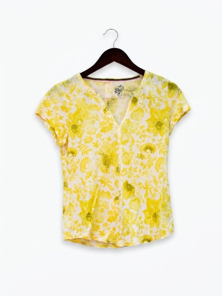 Pilcro And The Letterpress Anthropologie Yellow Floral V-Neck Tee Xs